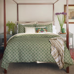 A neatly made bed featuring green patterned bedding and a beige striped John Robshaw Woven Sand King Euro throw blanket adorned with tassels. Two side tables with potted plants, woven pillow accents, and a framed picture on the wall behind the bed complete this cozy scene. - 31263902990382