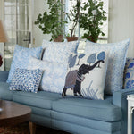 A hand-painted Indigo Elephant Decorative Pillow made of cotton linen in a living room by John Robshaw. - 30400302481454