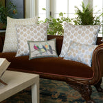 A brown cotton linen Vaasvi Euro couch in a living room with hand embroidery on the cushions, made by John Robshaw. - 30404880760878