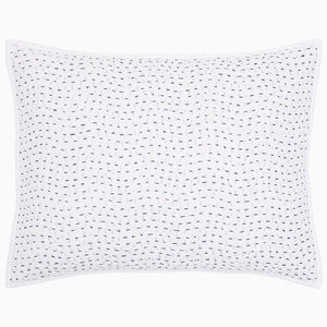 Introducing the Organic Hand Stitched Light Indigo Sham from John Robshaw, crafted from soft organic cotton voile. This sham features elegant navy and light blue dash embroidery and is finished with a flanged border, making it a stunning addition to any cotton bedding collection.