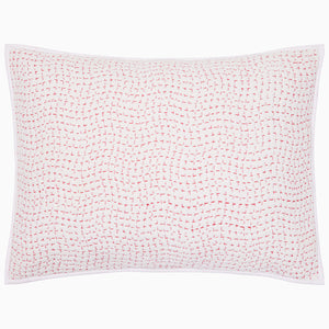The Organic Hand Stitched Lotus Sham by John Robshaw is a white rectangular pillow sham, hand quilted from organic cotton voile with a soft cotton batting fill. It features a subtle pink stitched dotted-line pattern and a white border.