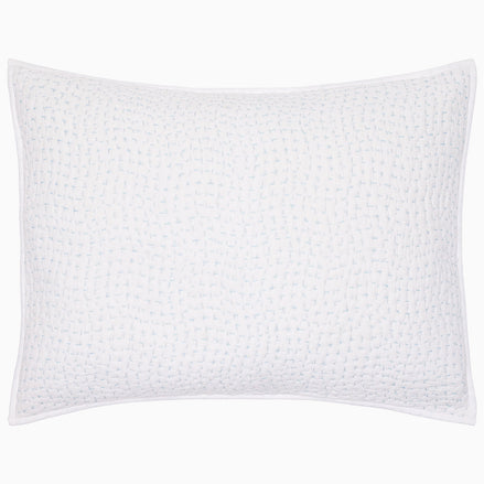 The Organic Hand Stitched Mist Sham by John Robshaw is a rectangular white pillow featuring a quilted texture and subtle stitched pattern, crafted from soft cotton voile, shown against a white background.