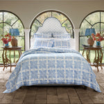A Jaya Azure Quilt by John Robshaw, with a unique blue and white pattern, created through hand printing on cotton voile. - 30784341442606