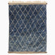 Blue Village 2 Wool Rug: a blue rectangular handwoven Moroccan rug with a white lattice design and fringed ends.