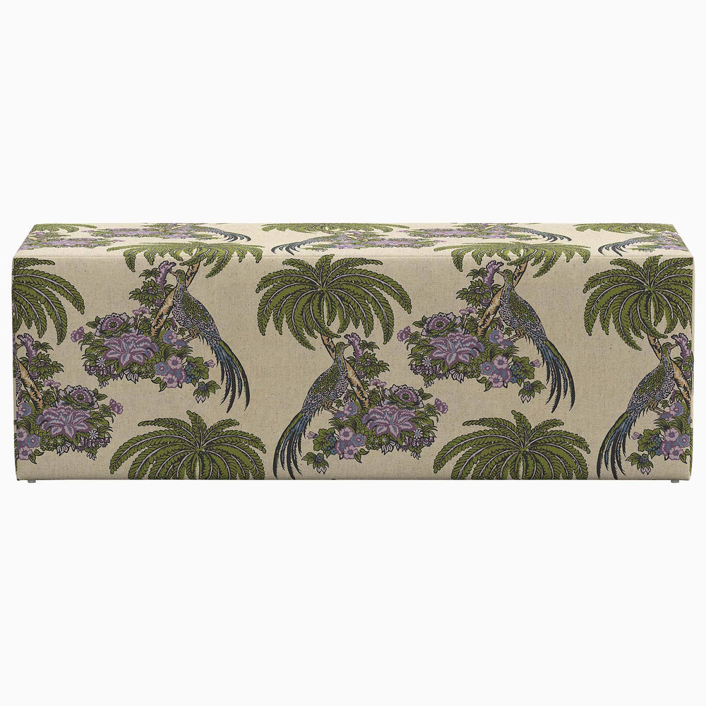 A versatile Rathi Bench by John Robshaw with linen prints of palm trees and birds, showcasing exclusive prints.