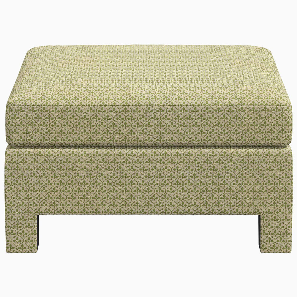 A green Sameera Ottoman by John Robshaw, with a pattern on it, made to order using exclusive fabrics.