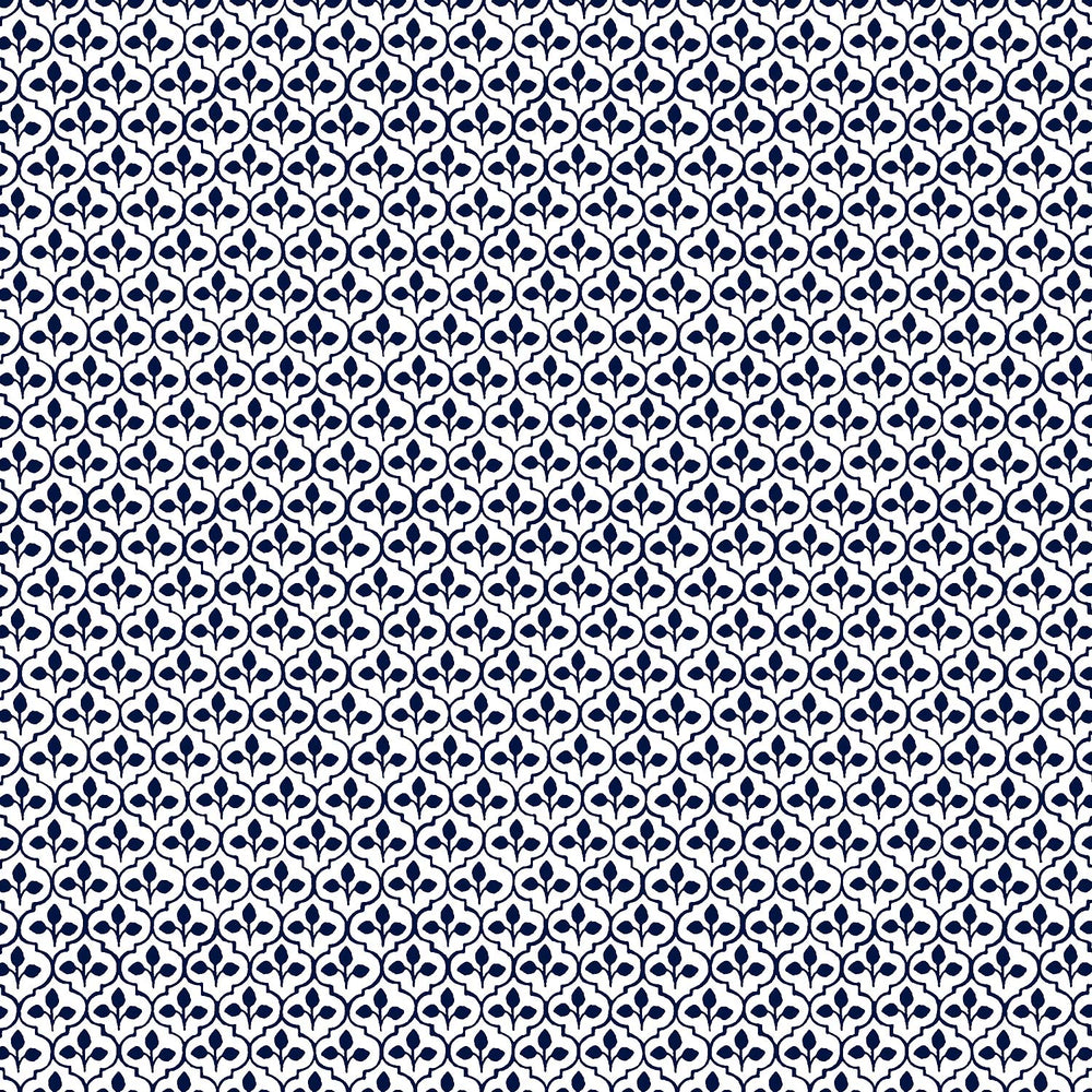 A blue and white pattern on a white background Shiza Ottoman by John Robshaw swatch.