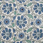 The Yavi Azure Bolster by John Robshaw showcases a hand block printed fabric pattern featuring blue and green flowers with intertwining vines on a white background. - 31263912034350