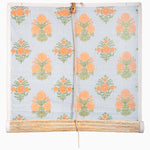 The Bipin Tangerine Chik Blinds by John Robshaw Textiles boast a handmade design with vibrant orange flowers on a white and light blue striped background. - 31884733153326