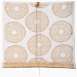 The Lapis Sand Chik Blinds by John Robshaw Textiles feature rolled-up bamboo with circular patterns on a white fabric background, echoing the brand's elegant style. - 31884734365742