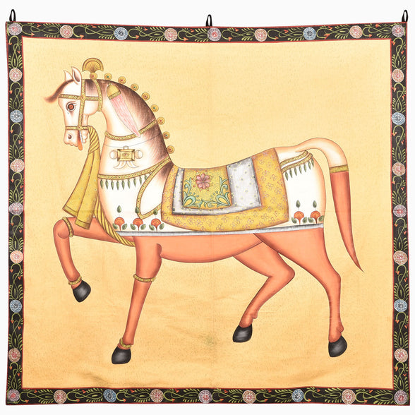 Promenade Tapestry wall hanging featuring a hand-painted horse in ornate traditional-style tack with a floral saddle cloth, framed by a dark floral border.