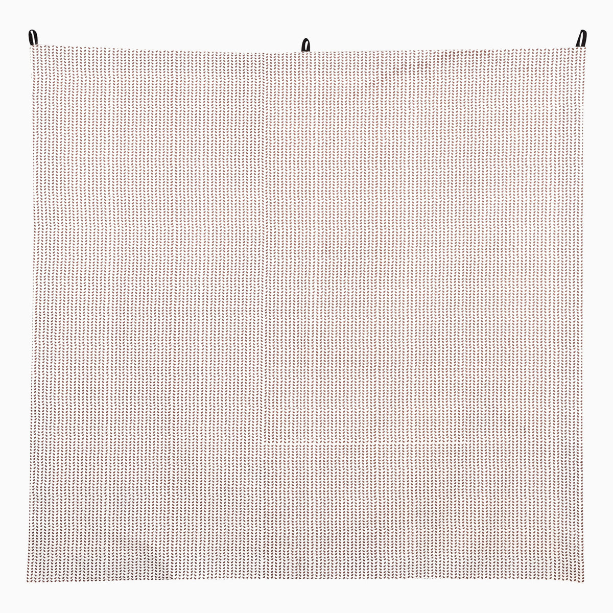 Square Promenade Tapestry featuring a small, repetitive brown leaf pattern on a white background, suspended by three black loops at the top edge.