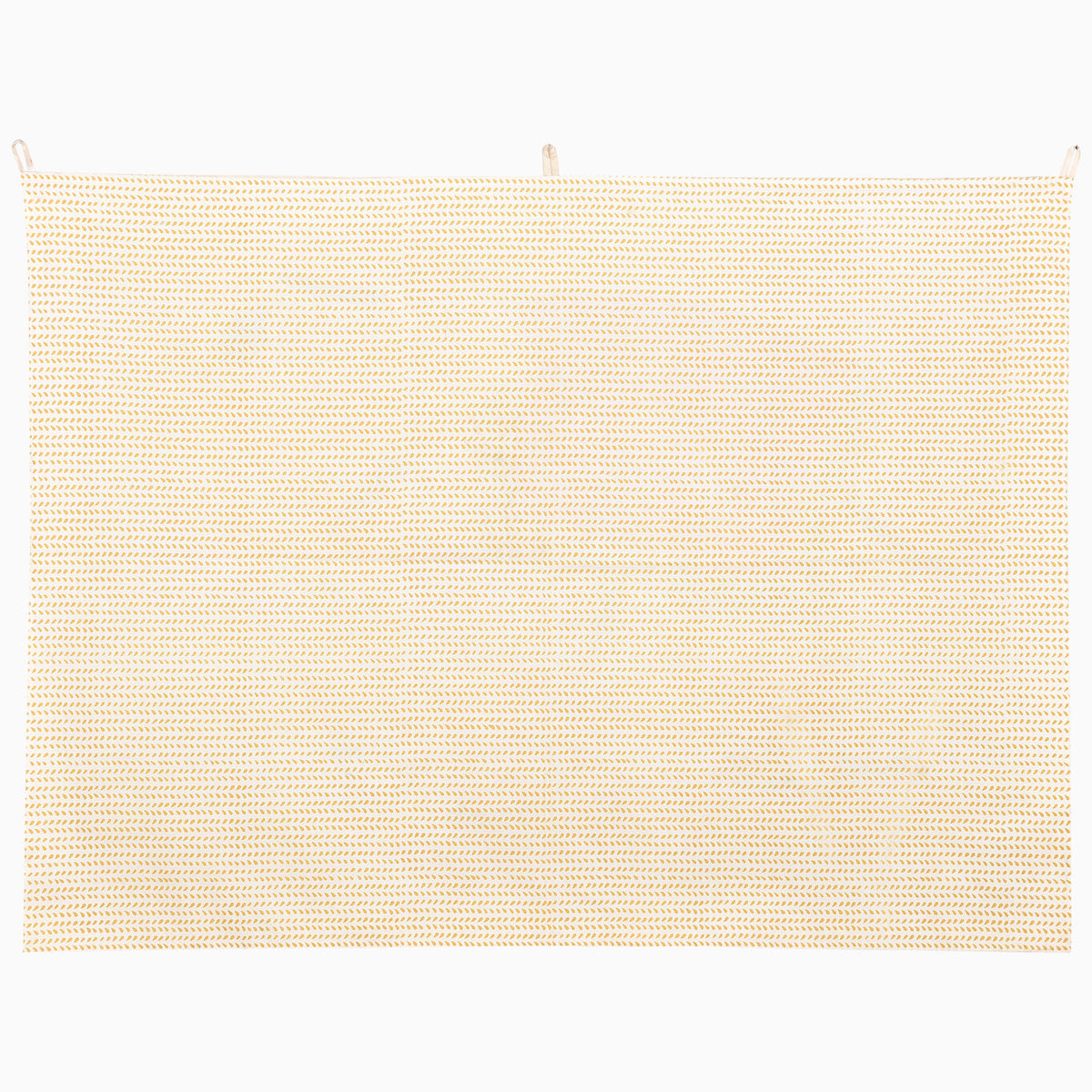 John Robshaw White Elephant Walking Tapestry, a rectangular wall hanging featuring a repeating gold leaf elephant pattern on a cream background.