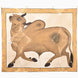We Gallop Tapestry featuring a hand-painted tan zebu wearing a bell on a chain, framed by a floral border.
