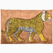 A rectangular Prowling Tiger Tapestry by John Robshaw featuring an Iqbal Tiger in profile with a striped body, bared teeth, and a protruding tongue, set against a solid tan background.