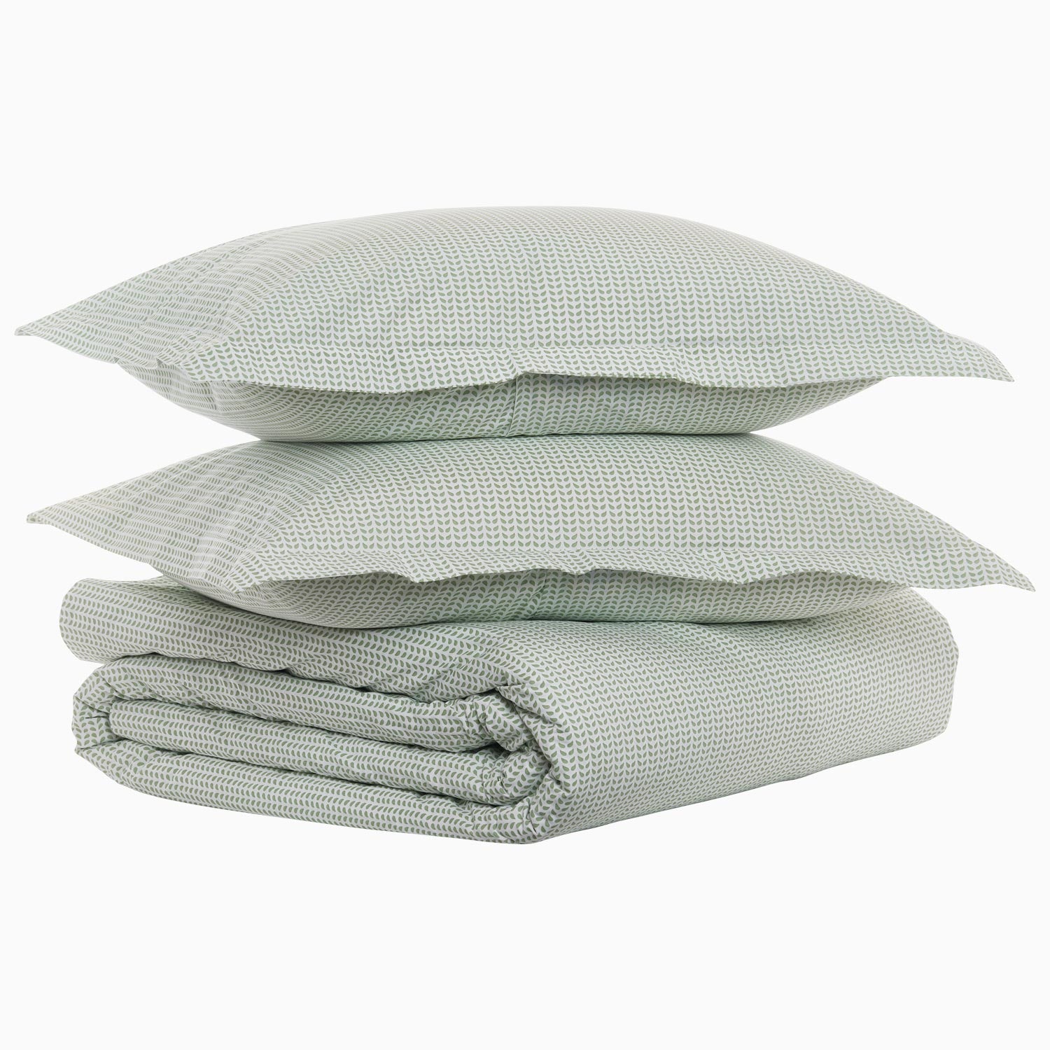 A stack of John Robshaw's Cinde Sage Organic Duvet pillows on top of each other.