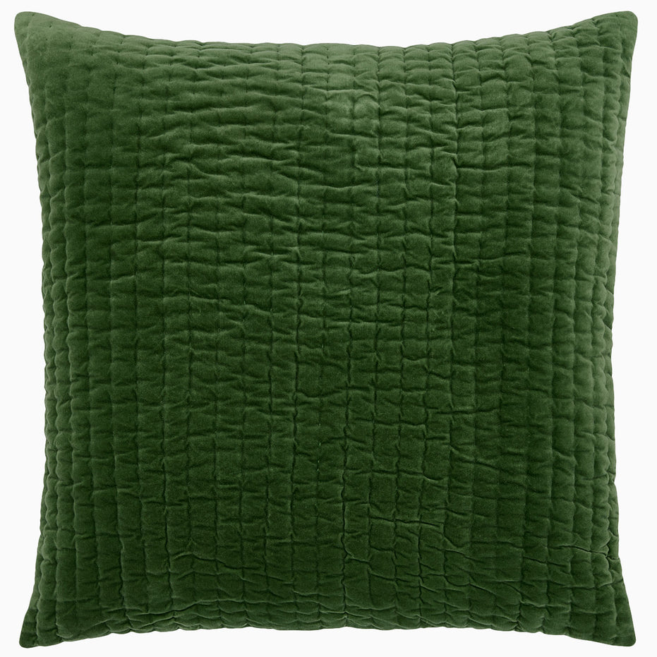 An exquisite Velvet Moss Quilt, hand quilted by Indian artisans and branded as John Robshaw, stands out against a pristine white background.