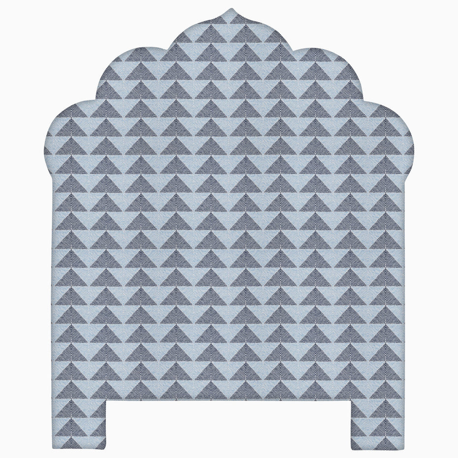 A John Robshaw Custom Bihar Headboard, a handmade blue and gray pattern with triangles on it, available for white glove delivery.