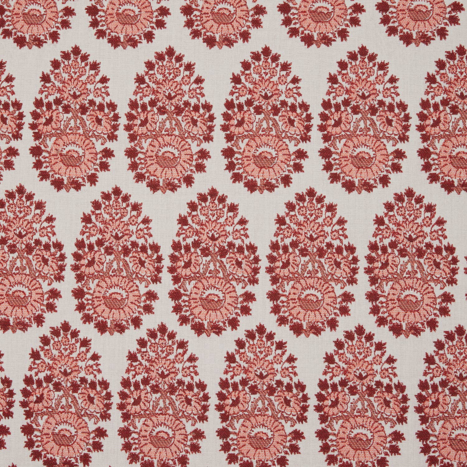 A red and white paisley pattern on a white background, inspired by fabric making traditions using the Lanka Berry Performance Fabric by John Robshaw.