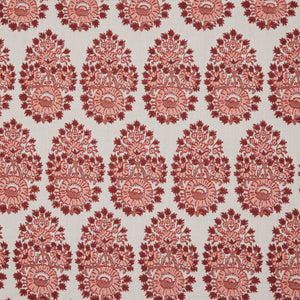 A red and white paisley pattern, inspired by fabric making traditions using the Lanka Berry Performance Fabric by John Robshaw.