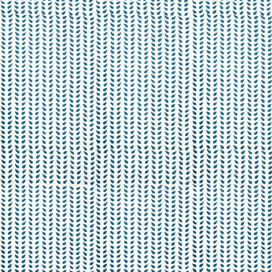 A John Robshaw Aleppo Teal Fabric with a blue and white chevron pattern on a white background.