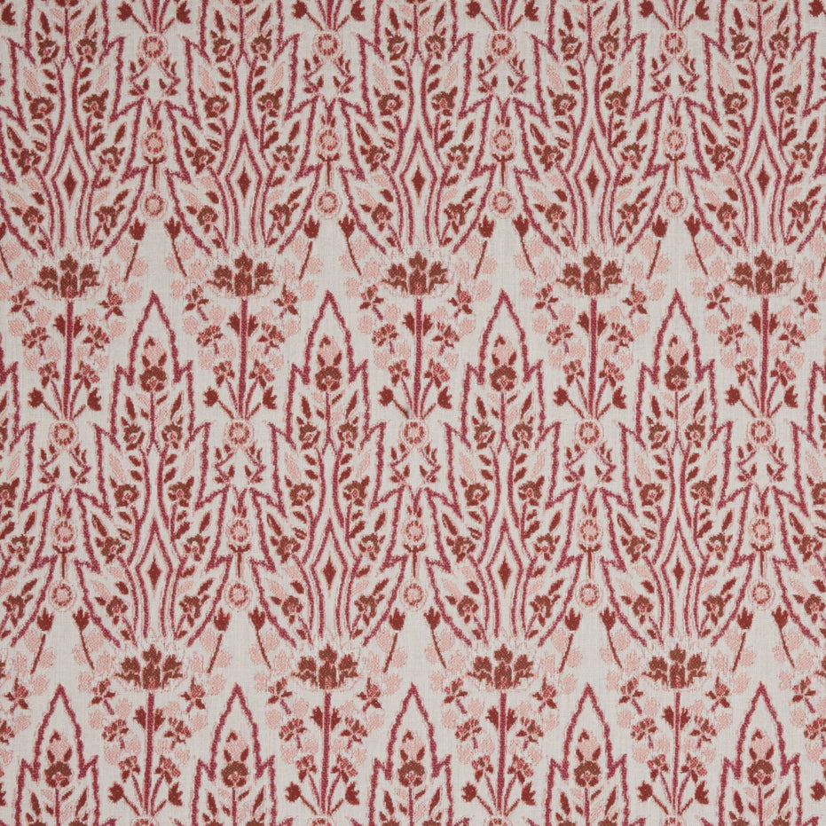 A red and white floral pattern on a white background inspired by Mughal gardens, featuring the Marmar Berry Performance Fabric by John Robshaw.