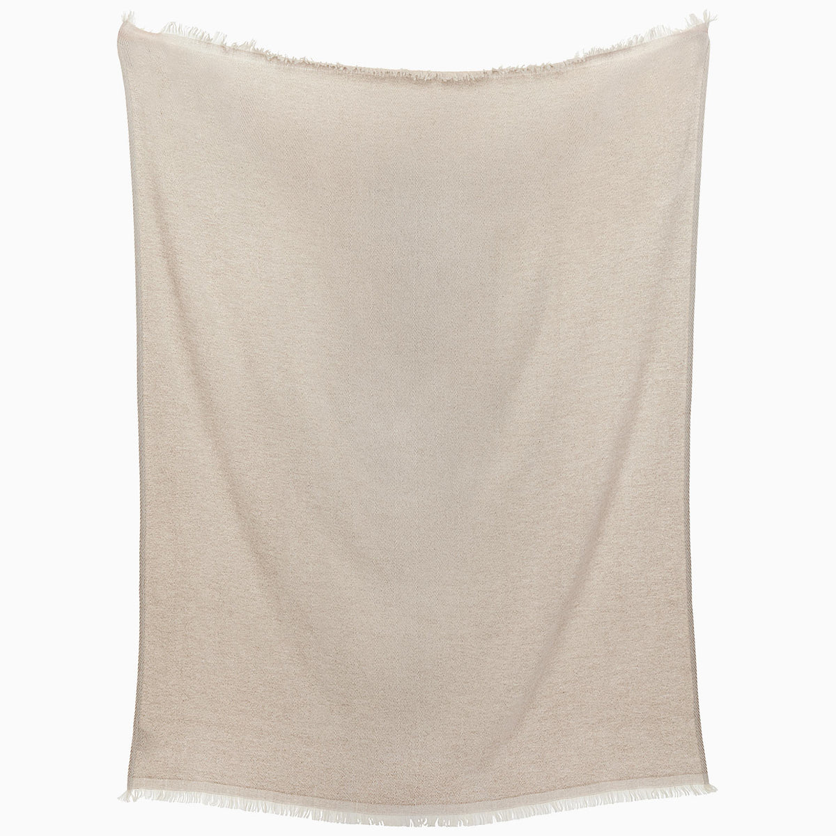 The Lavanya Sand Throw by John Robshaw, a beige herringbone blanket with fringed edges, hangs flat against a white background.