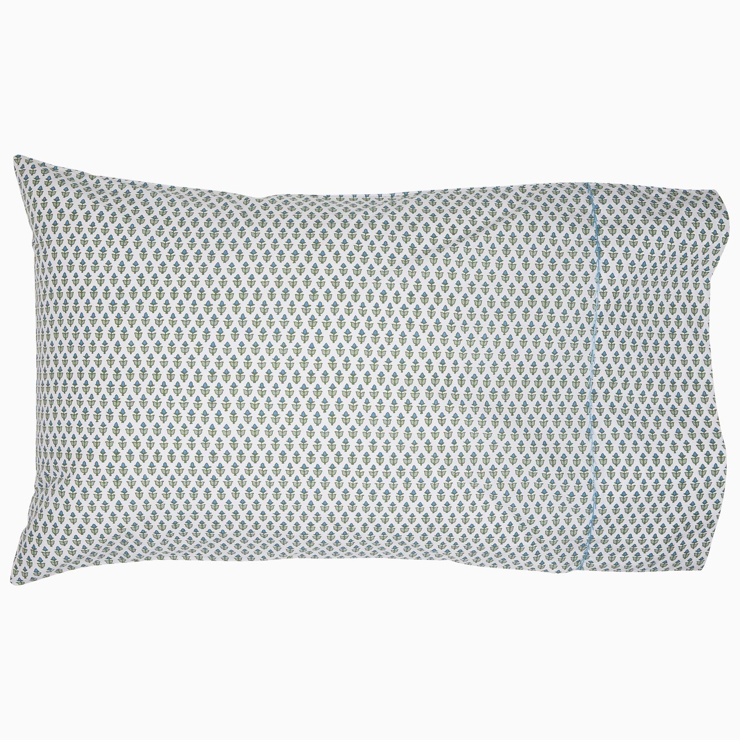 A Cala Sage Organic Sheets pillow with a geometric pattern by John Robshaw.