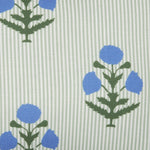 Introducing the Lucy Moss Outdoor Kidney Pillow by John Robshaw, featuring a charming green vertical stripe and blue floral pattern with green stems and leaves. This hand block printed design is crafted from premium cotton linen, combining durability with elegance—perfect for outdoor use. - 31261348757550