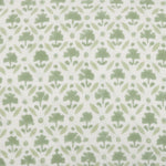 The Sanya Sage Kidney Pillow by John Robshaw features a repeating pattern of light green and beige floral and leaf motifs on a white background, enhanced with hand block printed designs. - 31263473467438