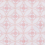 The Varsha Euro by John Robshaw features white fabric adorned with a repeating geometric pattern of interconnected circular designs in light red dots, making it perfect for an embroidered pillow with delicate French knot details. - 31277021265966