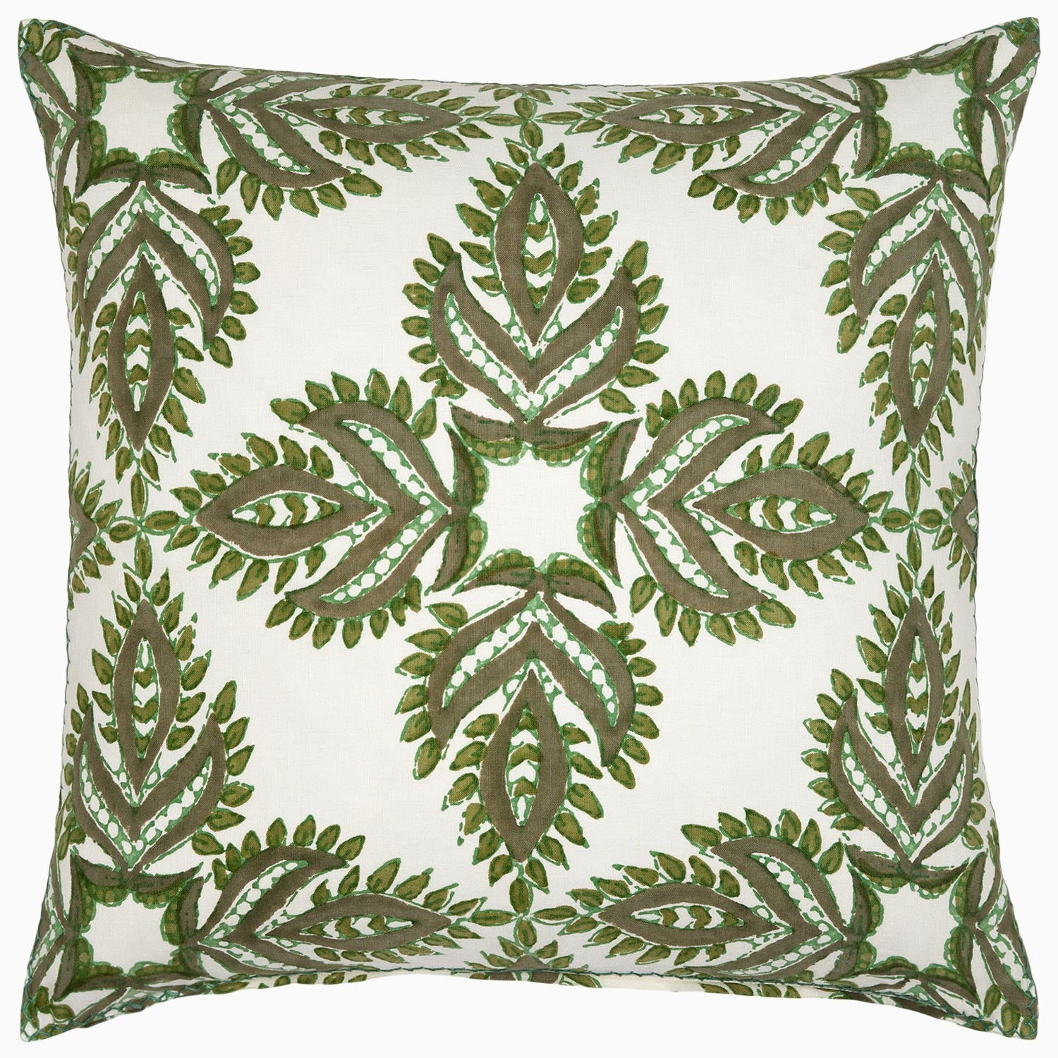 A Verdin Dark Sage Decorative Pillow by John Robshaw, with embroidered leaves, hand block printed.
