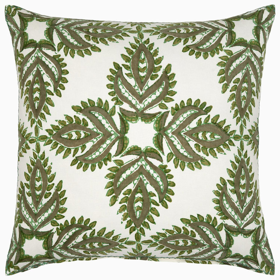 A Verdin Dark Sage Decorative Pillow by John Robshaw, with embroidered leaves, hand block printed.