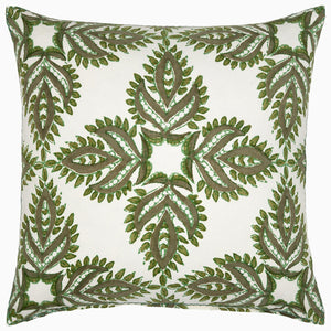 A Verdin Dark Sage Decorative Pillow by John Robshaw, with embroidered leaves, hand block printed.
