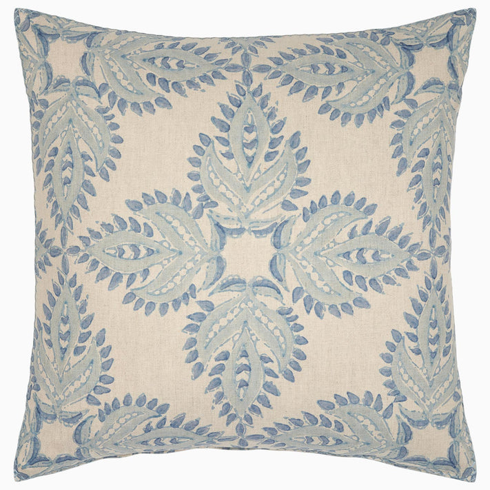 A Verdin Lapis decorative pillow by John Robshaw with a blue and white floral design.