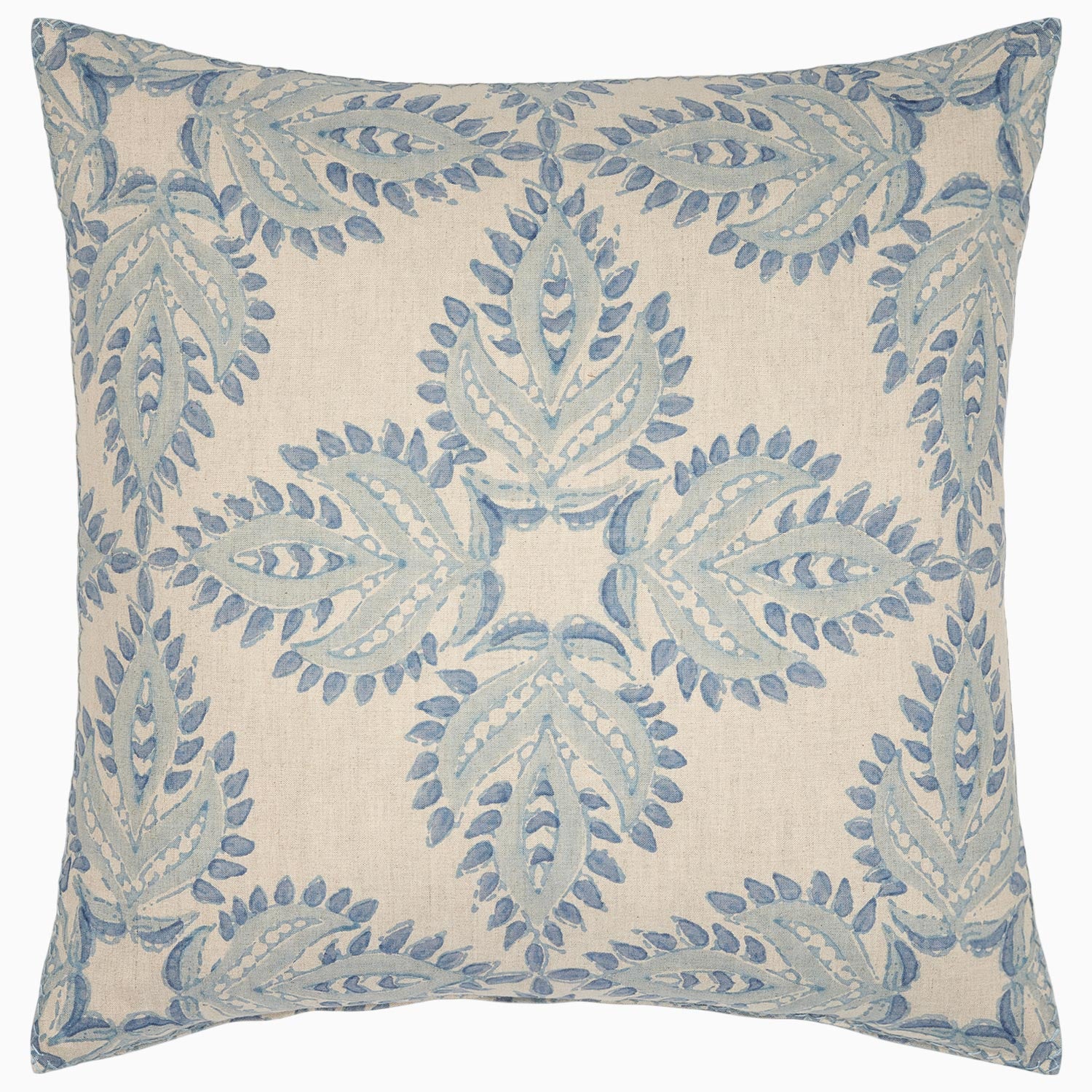 A Verdin Lapis decorative pillow by John Robshaw with a blue and white floral design.