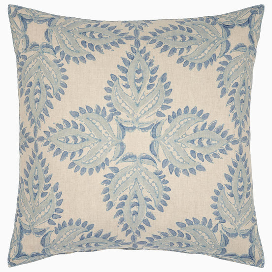 A Verdin Lapis decorative pillow by John Robshaw with a blue and white floral design.