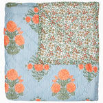 A blue and orange Bipin Tangerine Quilt by John Robshaw with hand quilted flowers on it, made of pure cotton voile. - 30770882740270