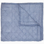 A Nandi Indigo Quilt by John Robshaw, hand quilted and featuring blue stripes, folded on top of itself.