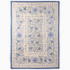 John Robshaw Azure Bloom Suzani blanket, a rectangular vintage piece with a cream background, blue floral and pomegranate embroidery, and a solid blue border.