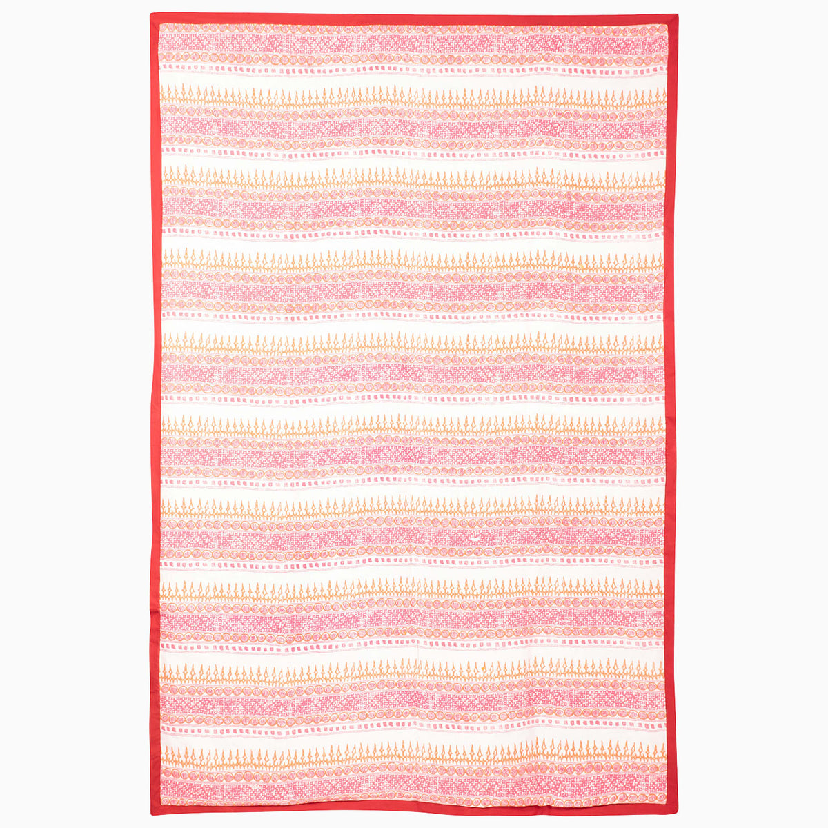 Rectangular vintage Come Along Then Suzani blanket with horizontal bands of pink and orange floral and geometric patterns, finished with a solid red border.
