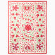 Crimson Bloom Suzani Blanket: an off-white rectangular vintage textile featuring red and green floral and pomegranate embroidery, framed by a red border.