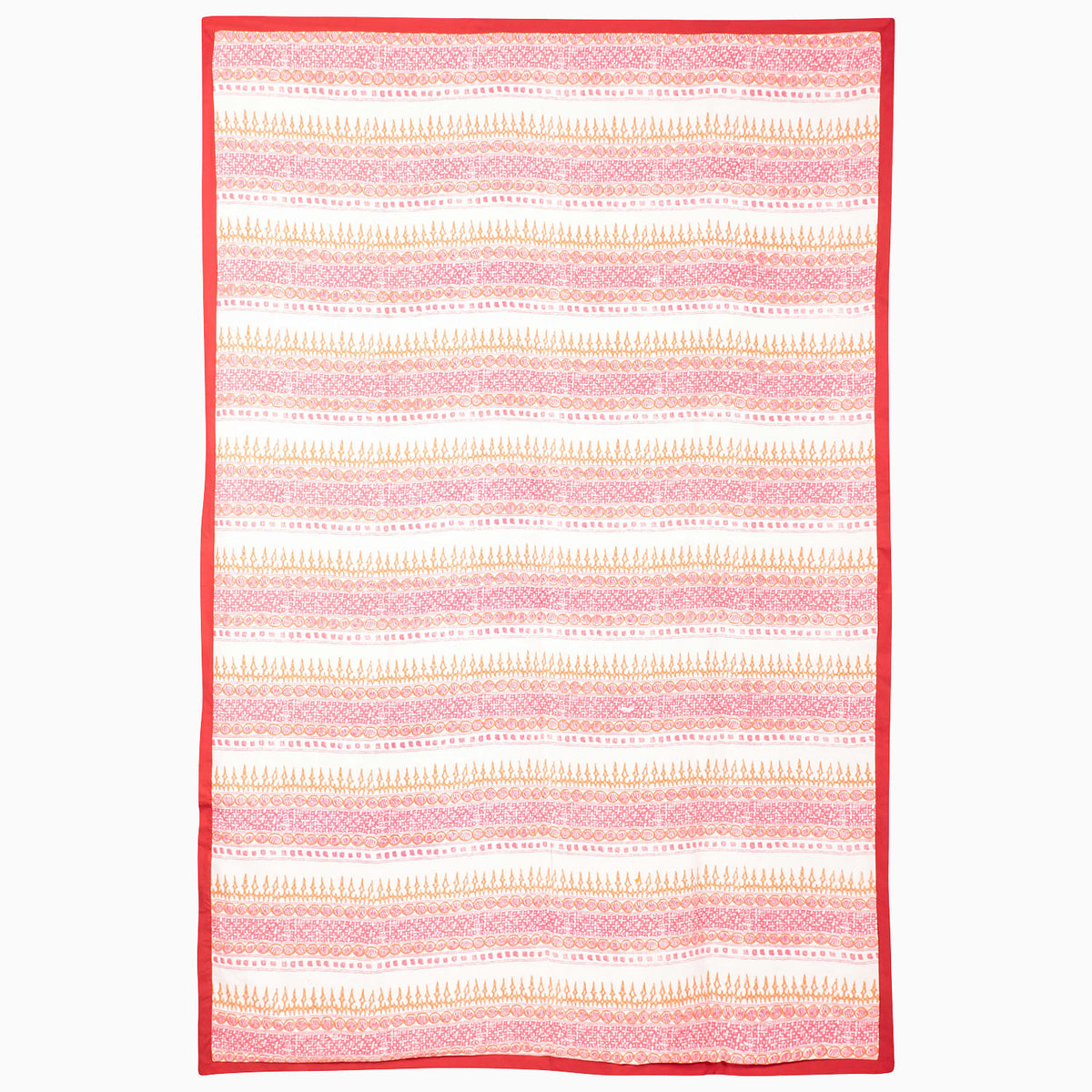 Rectangular Harvest Poppy Suzani Blanket by John Robshaw featuring horizontal stripes of pink and orange floral and geometric patterns, finished with a solid red border.