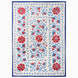 Jaipur Twilight Suzani Blanket: an off-white rectangular textile with blue and red botanical motifs in a traditional Suzani pattern and a solid blue border.
