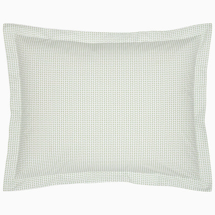 A John Robshaw Cinde Sage Organic Duvet with a green polka dot pillowcase on a white background.