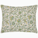 A soft Tiya Periwinkle Woven Quilt pillow with ornate vines on a natural chambray background by John Robshaw. - 30395666464814