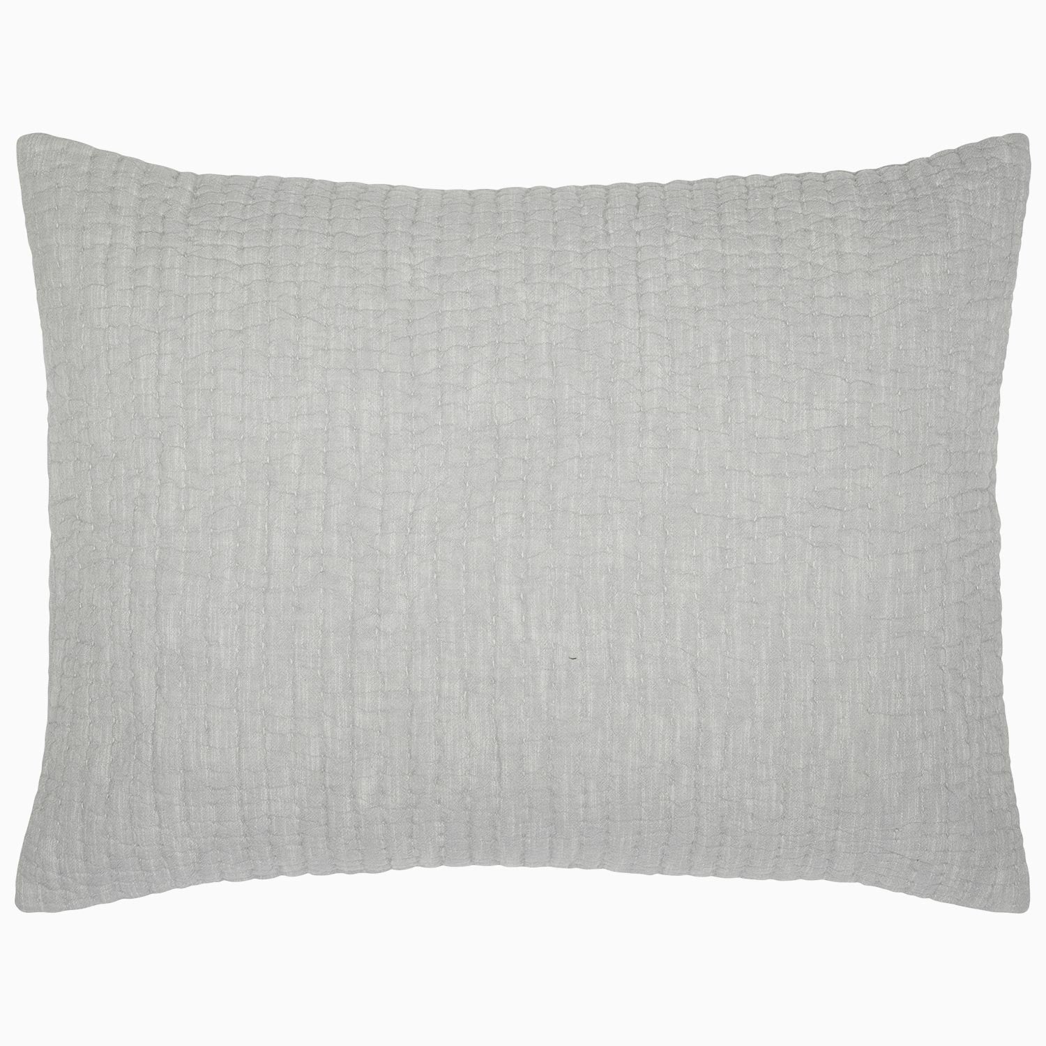 A Vivada Light Gray Woven Quilt with a cotton chambray coverlet on a white background. (Brand Name: John Robshaw)