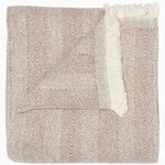 The Lavanya Coffee Throw by John Robshaw features a folded beige and brown herringbone weave with fringed edges, showing both front and back sides.