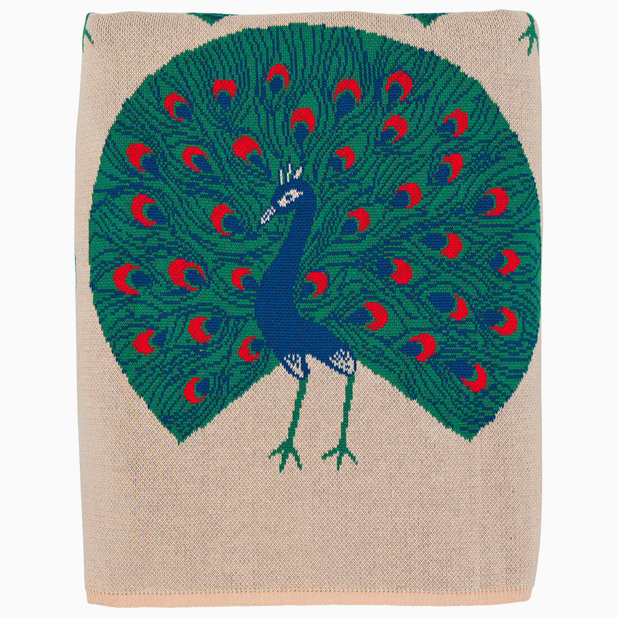 The Swara Throw by John Robshaw features a beige woven design with a blue peacock and a fanned green tail accented by red and blue eye spots.