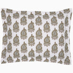 A white square pillowcase featuring a green and gold paisley pattern, crafted in India from luxurious 200 thread count cotton, part of the Nilay Leaf Organic Duvet collection by John Robshaw. - 31272404090926